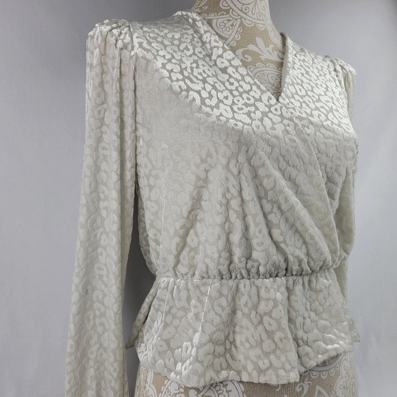 Express winter white velvet snow lepord faux wrap puff shoulder peblum top - Picture 2 of 8